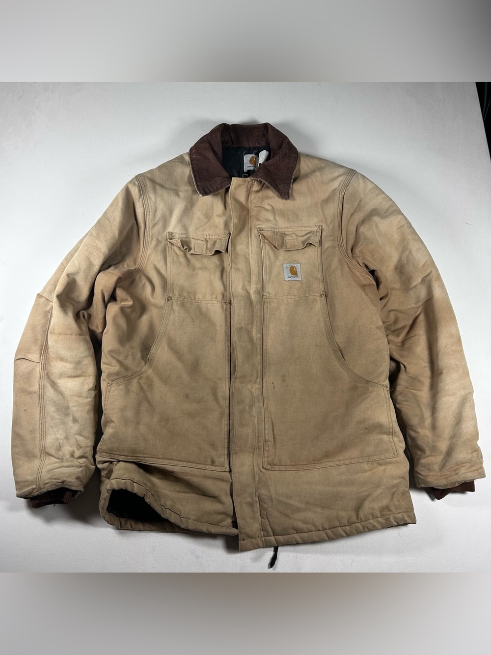 Carhartt Mens Chore Work Coat Tan Faded Canvas Quilt Lined Work Jacket Vintage -